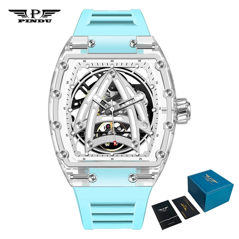 PINDU Designer Montre mécanique Tonneau creuse Homme Marque de luxe Squelette Automatique Montres Homme Sport Silicone Montre-bracelet JH3105