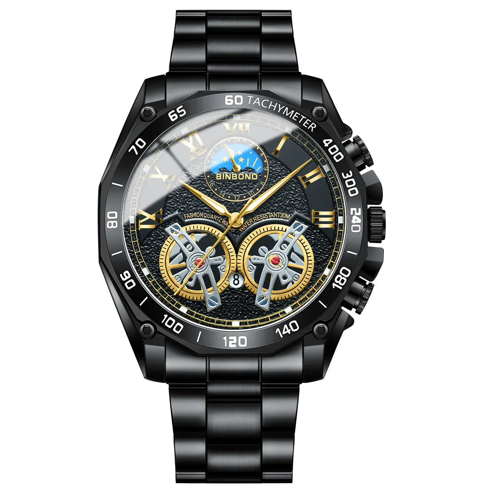 BINBOND Montre-bracelet de luxe pour homme à quartz, cadran décoratif élégant, décontractée, militaire, sport, étanche, horloge pour homme