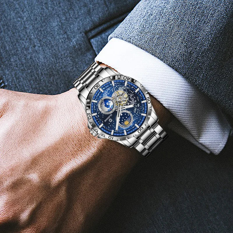 GLENAW mechanical watch with rotating earth dial and starry sky design