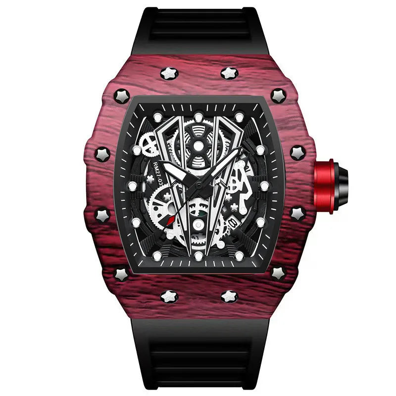 BINBOND Marque Homme Montre Tonneau Dominant Miroir Courbe Surface Creuse Sports Homme Montre-Bracelet Quartz en Silicone B8577