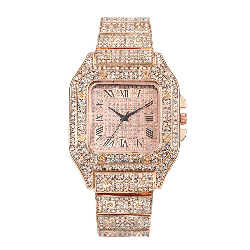 Montre de luxe pour hommes, bracelet élégant en alliage, montre à quartz, date, diamant, or, style Hip Hop Montre Homme