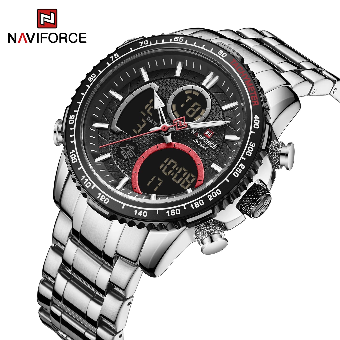 NAVIFORCE Montre Homme Tendance Marque de Luxe Sport Chronographe à Quartz Étanche Militaire en Acier Inoxydable