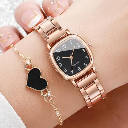 Lot de 2 montres carrées tendance pour femmes, bracelet en acier inoxydable, montre à quartz avec bracelet en forme de cœur