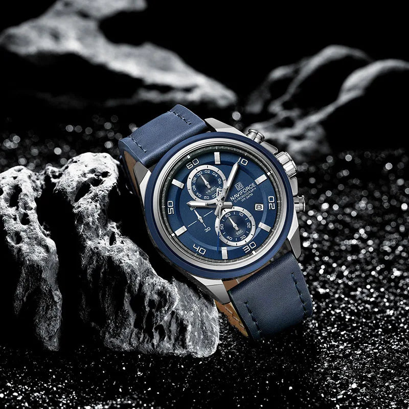 Montres NAVIFORCE pour hommes, bracelet en cuir véritable, chronographe à quartz, affichage de la date, montre-bracelet de sport étanche, cadeau masculin