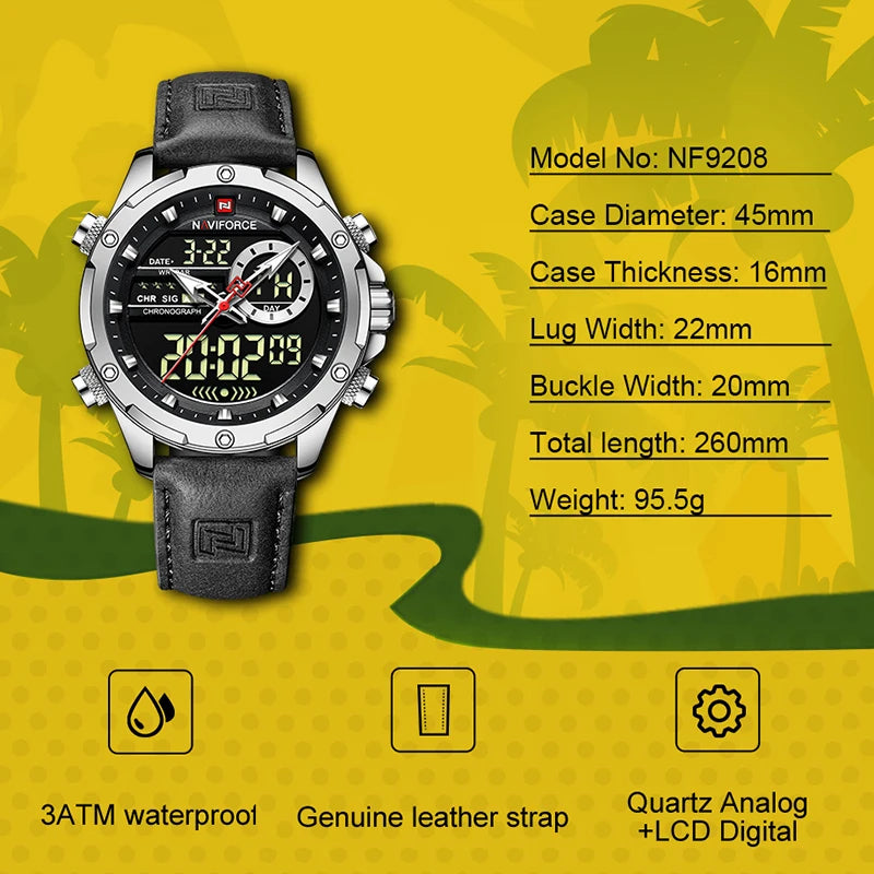 Montres NAVIFORCE pour hommes, style militaire sportif, en cuir véritable, étanches, avec cadran numérique, chronographe lumineux et créatif.