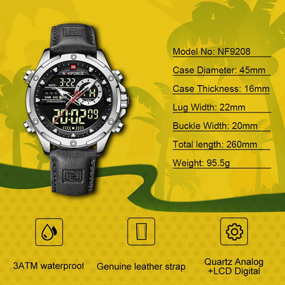 Montres NAVIFORCE pour hommes, style militaire sportif, en cuir véritable, étanches, avec cadran numérique, chronographe lumineux et créatif.