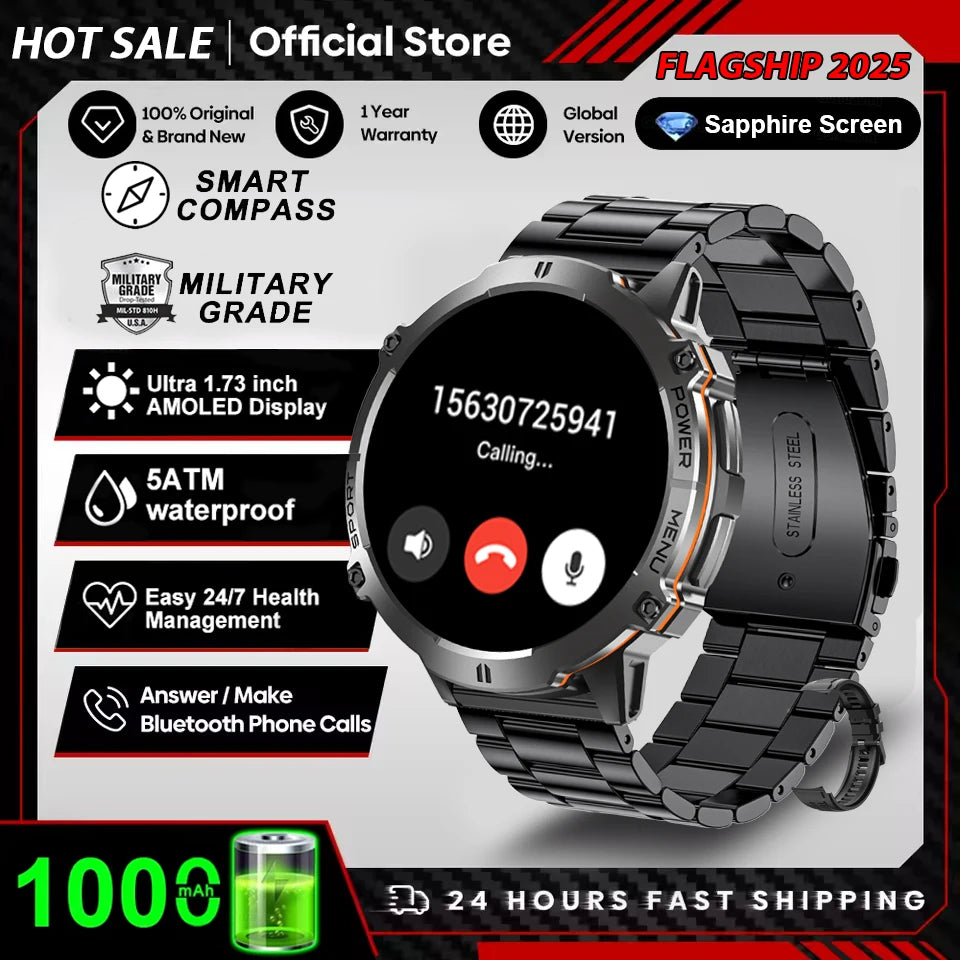 2026 Military TANK X3 Smart Watch Men 1.73" AMOLED Screen 5ATM Waterproof 1000mAh Battery GPS Sports Fitness Track Smart Watches
