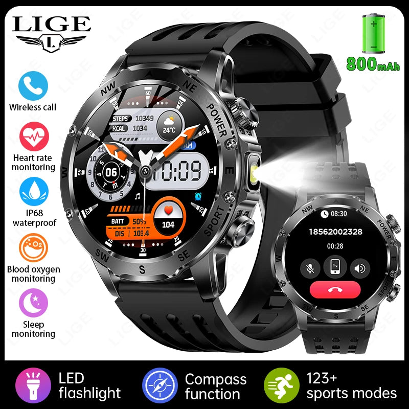 New 2026 Outdoor 800mAh Large Battery Smart Watch Men LED Flashlight Bluetooth Call Compass Sports Fitness Waterproof Smarwatch