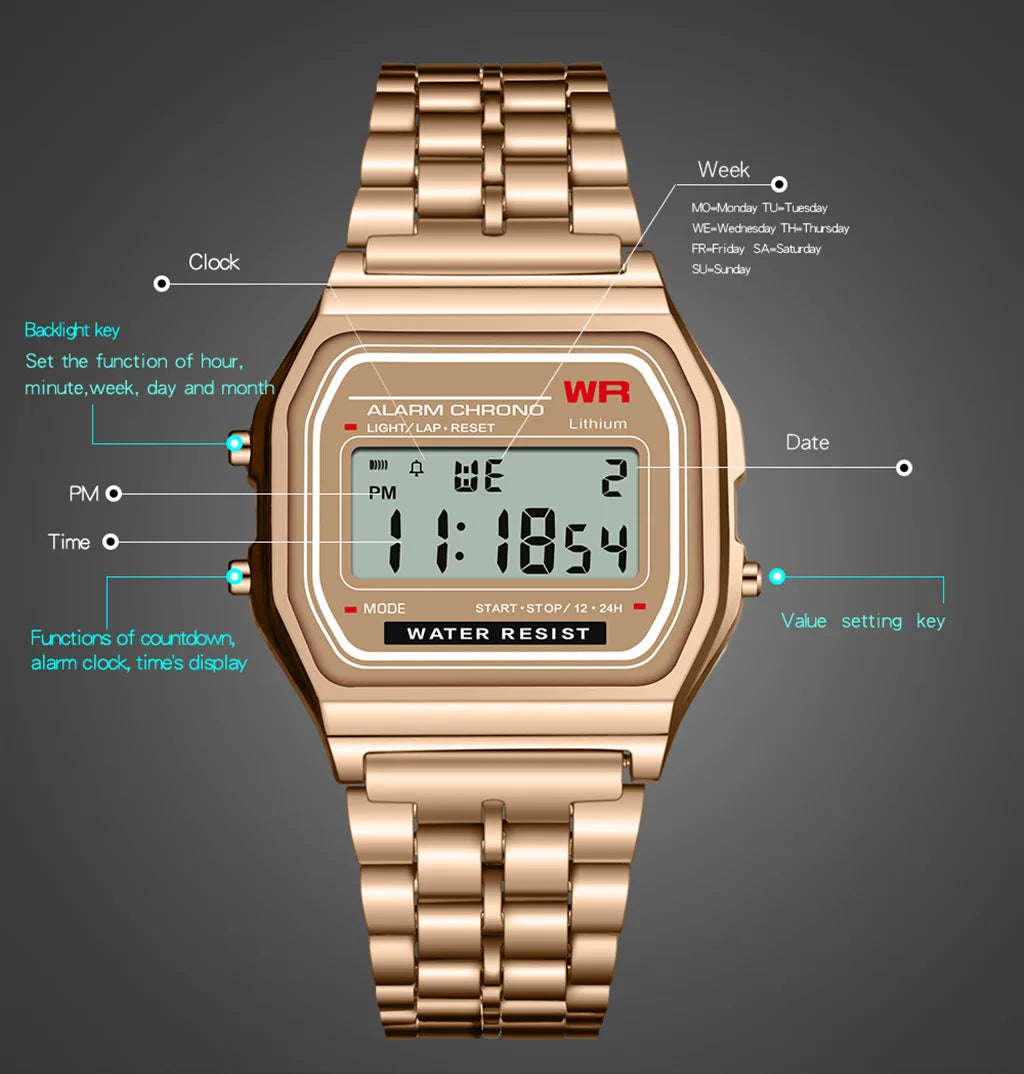 Montres sportives en or rose pour enfants et femmes, affichage numérique électronique, réveil rétro, relogio masculino, reloj