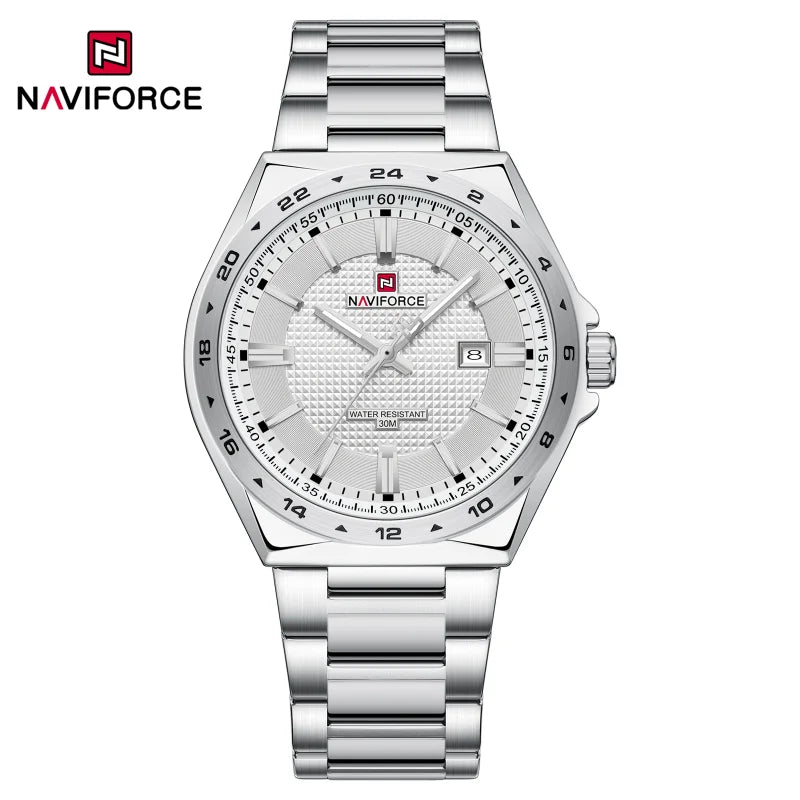 Montres de sport étanches NAVIFORCE 3 ATM pour hommes - Montre-bracelet à quartz de luxe en acier inoxydable avec affichage lumineux de la date