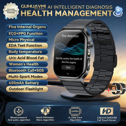 2026 Nouvelle Montre Connectée de Diagnostic Précis Graisse Corporelle ECG Oxygène Sanguin TA Santé Sport Écran AMOLED HD Appel Montres Intelligentes homme femme