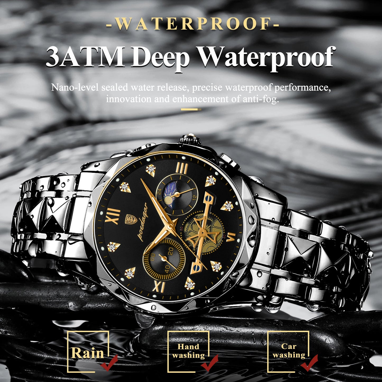 POEDAGAR Montre-bracelet homme de haute qualité en acier inoxydable, chronographe, pour affaires, étanche, lumineuse, à quartz