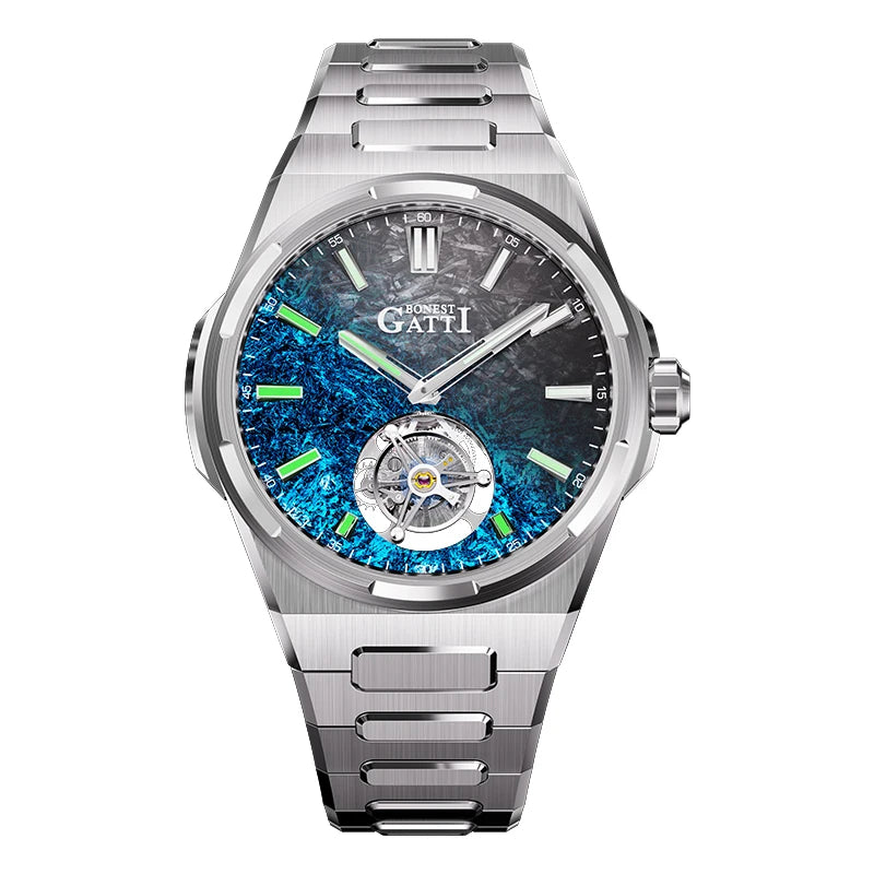 Montre Tourbillon Homme BONEST GATTI 43mm Montre-bracelet Mécanique Verre Saphir Cadran Fibre de Carbone Lumineux en Cristal