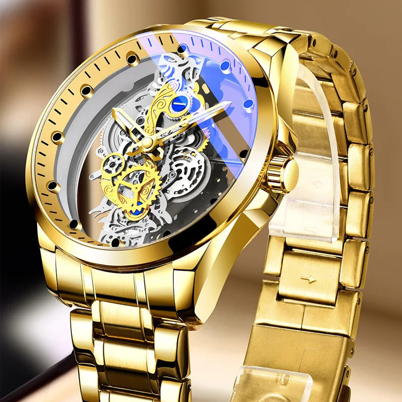 Montre transparente de mode en solde pour hommes, montres mécaniques d'imitation, cadran lumineux, bracelet en acier inoxydable, montres-bracelets à quartz pour hommes
