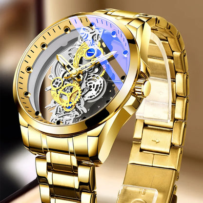 Montre transparente de mode en solde pour hommes, montres mécaniques d'imitation, cadran lumineux, bracelet en acier inoxydable, montres-bracelets à quartz pour hommes