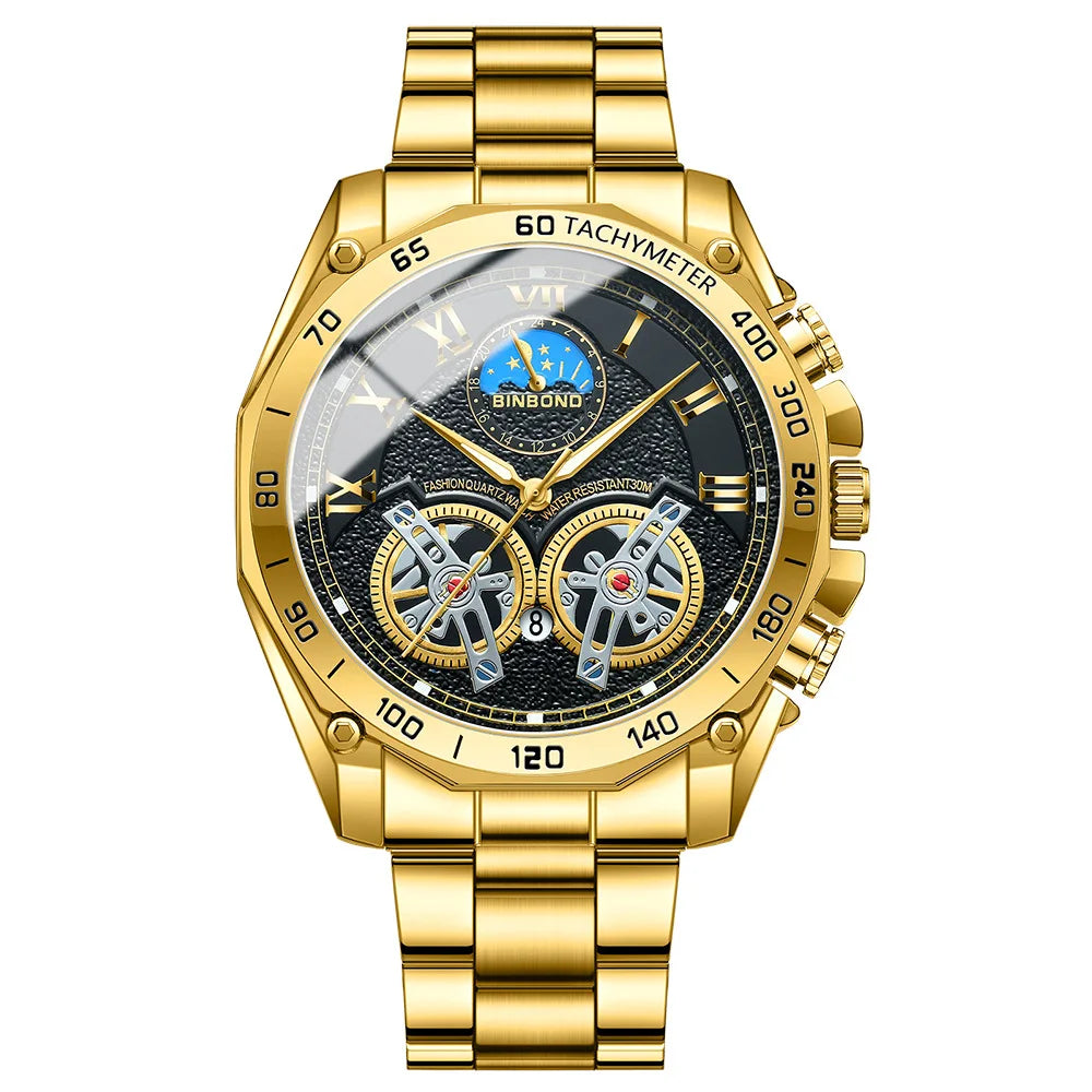 BINBOND Montre-bracelet de luxe pour homme à quartz, cadran décoratif élégant, décontractée, militaire, sport, étanche, horloge pour homme