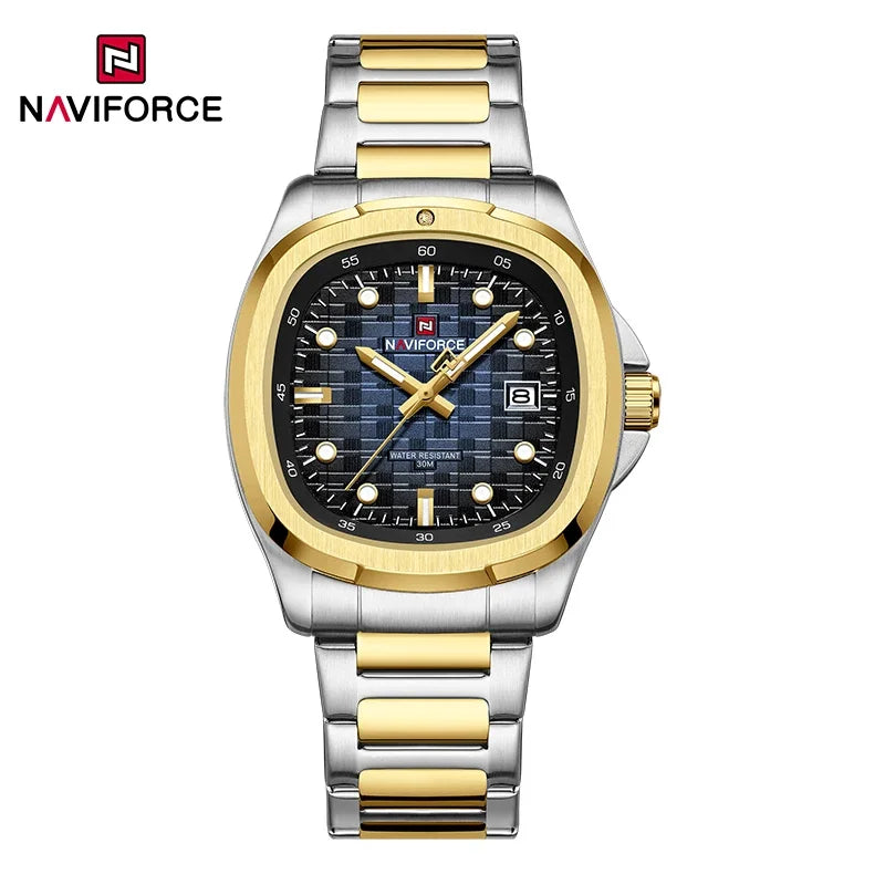Montre-bracelet de sport NAVIFORCE pour hommes, à quartz, en acier inoxydable, lumineuse, avec calendrier, cadran carré, pour affaires