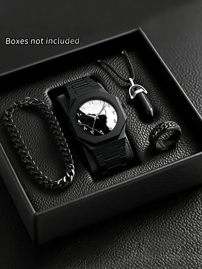 Ensemble Montre à Quartz Homme Bracelet Collier Bague, Bracelet en Plastique, Idéal pour le Quotidien et les Cadeaux de Fête, Boîte Non Incluse