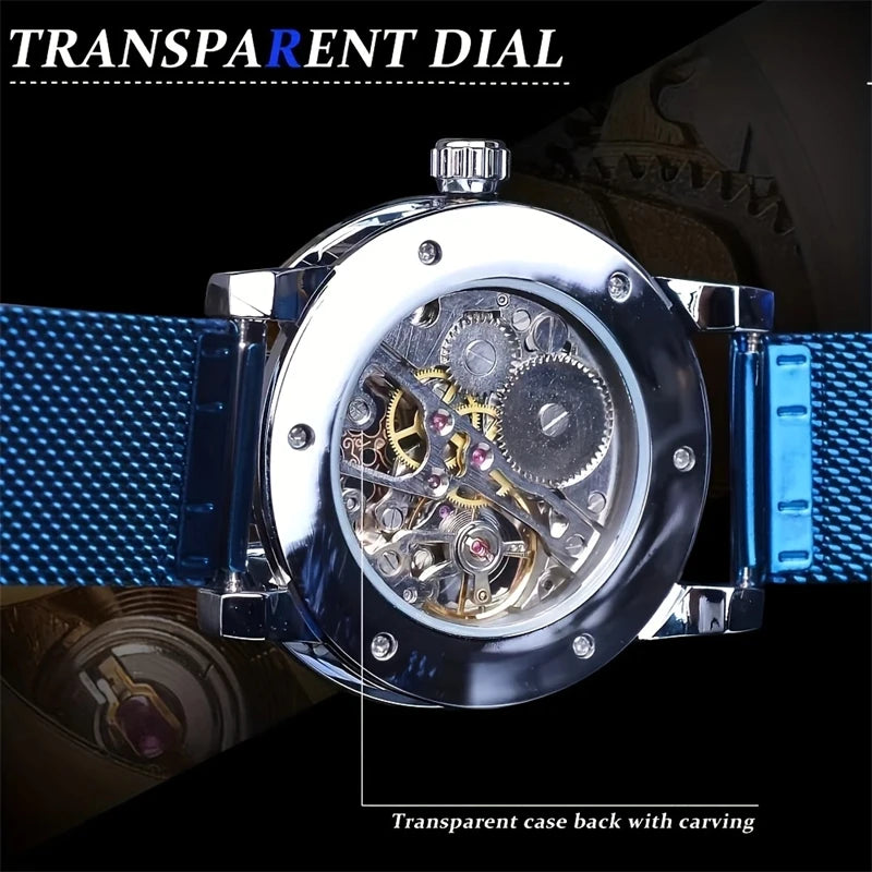 1 Piece of Men's Fashionable Diamond-Encrusted Manual Mechanical Watch, Skeleton Design Mesh Strap Watch, Stylish Casual Versatile Handsome Male Student Wristwatch, High-Value Gift Choice, No Battery Needed