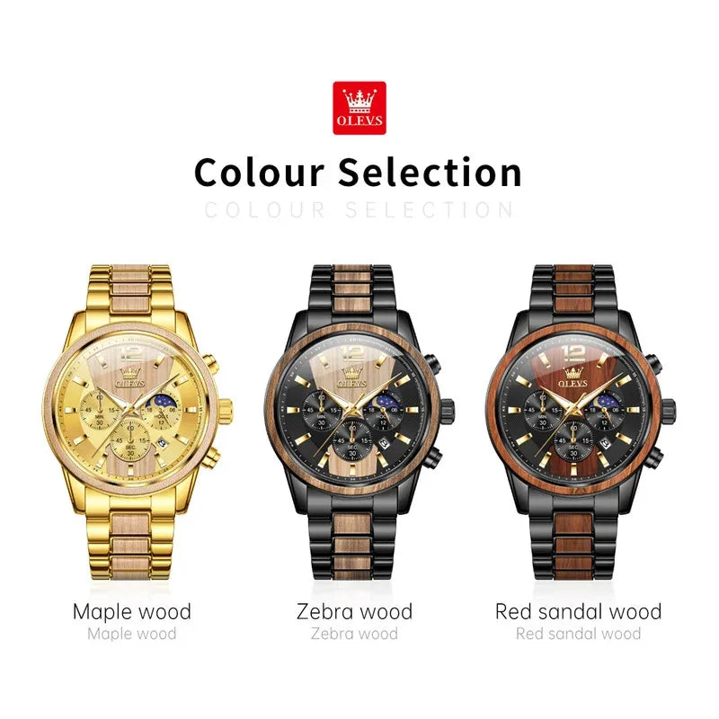 ChronoState OLEVS 3645 – Montre chronographe multifonction phases de lune | Montre de luxe pour homme à quartz et bois