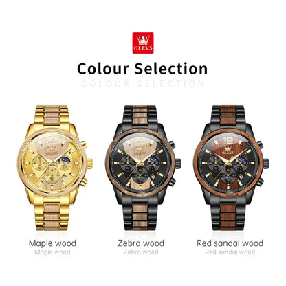 ChronoState OLEVS 3645 – Montre chronographe multifonction phases de lune | Montre de luxe pour homme à quartz et bois