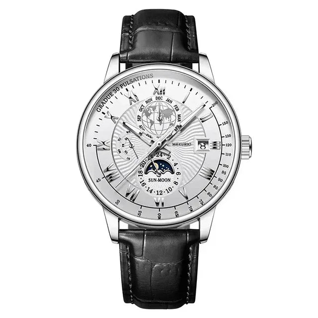 Men's leather strap watch with date display and luminous dial