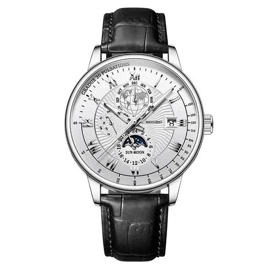 Men's leather strap watch with date display and luminous dial