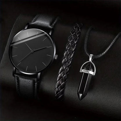 3PCS/Set Montres Business Homme Bracelet Cuir Décontracté Analogique Montre Quartz Homme Collier Bracelet Set