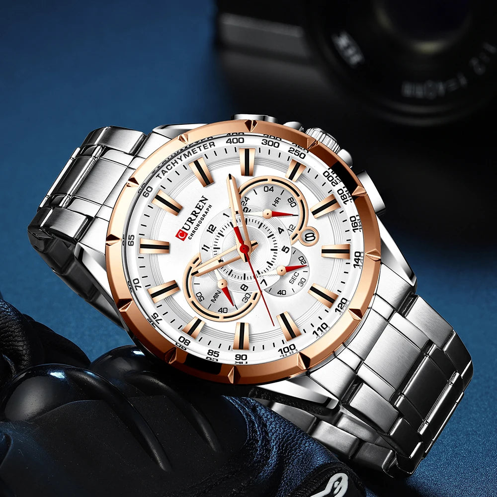 Montre Homme CURREN Business Montre de Luxe en Acier Inoxydable Chronographe Armée Militaire Montres à Quartz