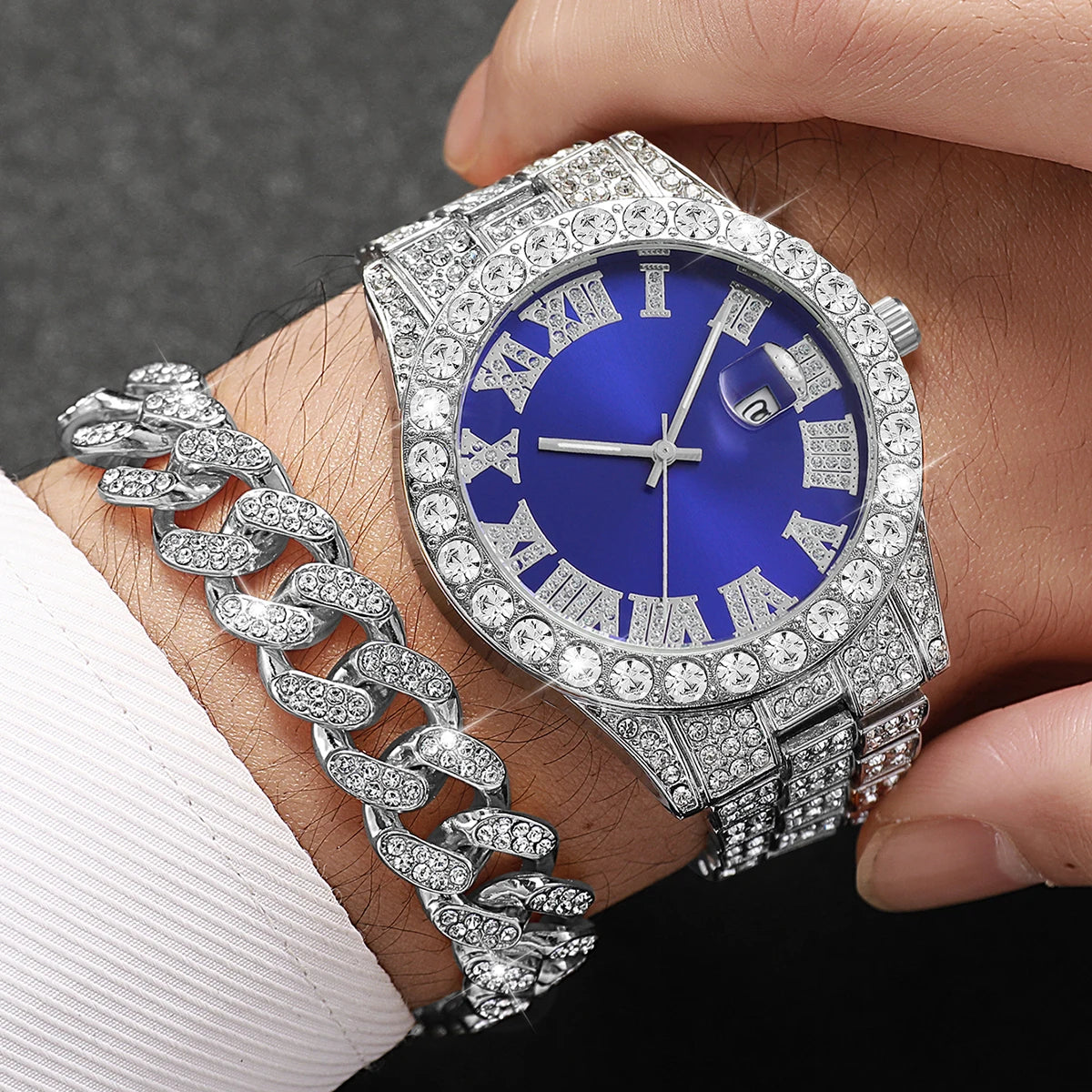3 montres de luxe pour homme, bracelet, collier, ensemble, mode Hip Pop, montres à quartz avec calendrier pour homme, Reloj Mujer (sans boîte)