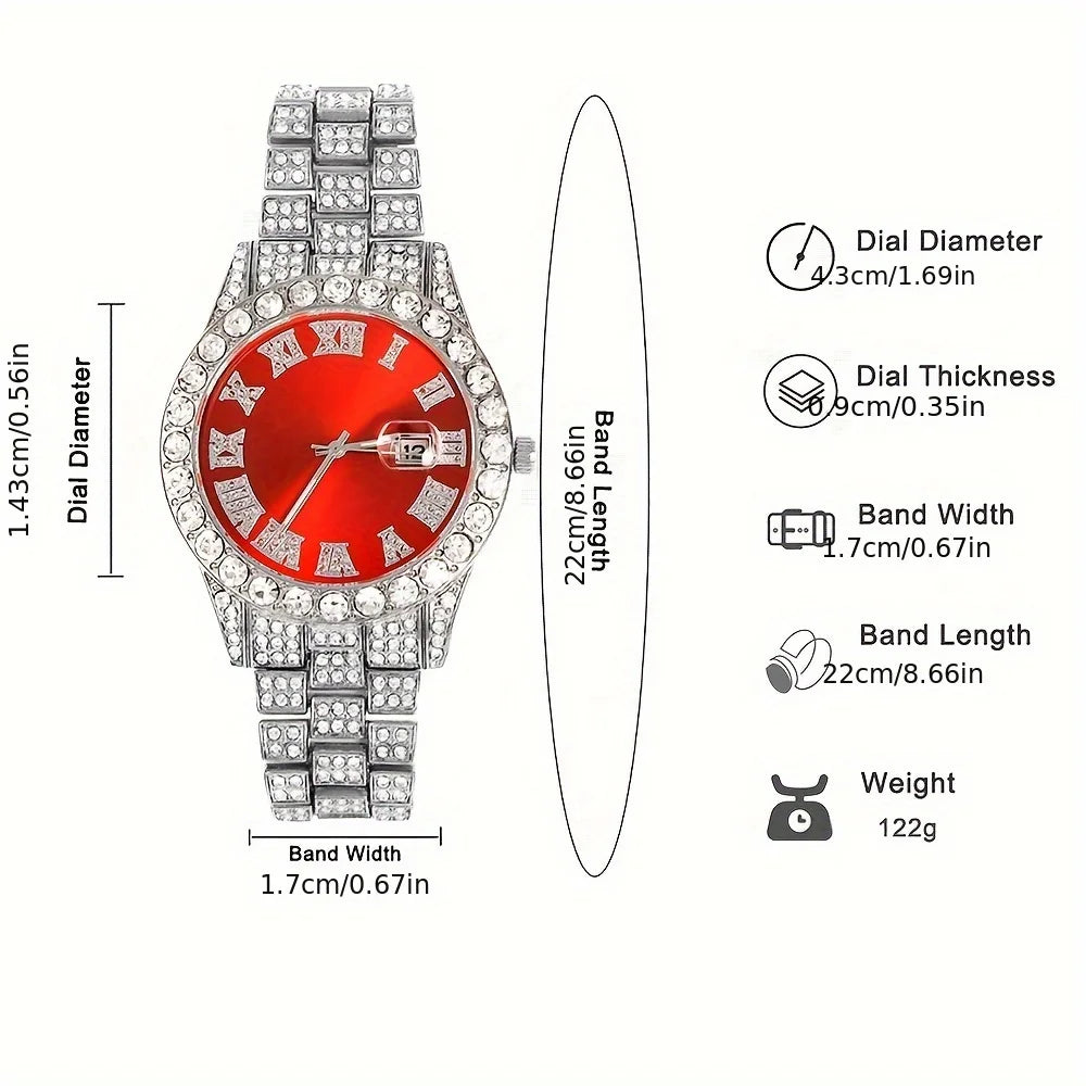 ChronoState Bling Ensemble de 4 pièces – Montre à quartz Hip Hop et collection de bijoux chaîne cubaine
