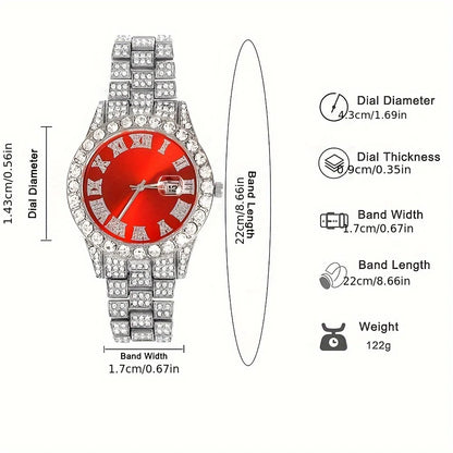 ChronoState Bling Ensemble de 4 pièces – Montre à quartz Hip Hop et collection de bijoux chaîne cubaine