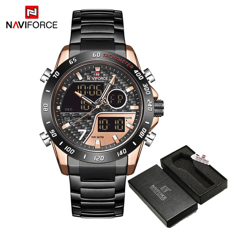 NAVIFORCE Montre-bracelet de luxe pour homme, montres de sport militaires numériques pour homme, bracelet en acier, horloge à quartz, Relogio Masculino