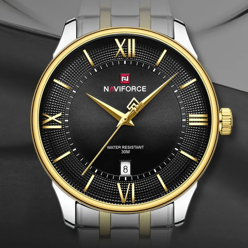 NAVIFORCE Nouvelle Montre à Quartz pour Homme avec Bracelet en Acier Inoxydable, Calendrier, Modèle Business Décontracté, Étanche et Antichoc