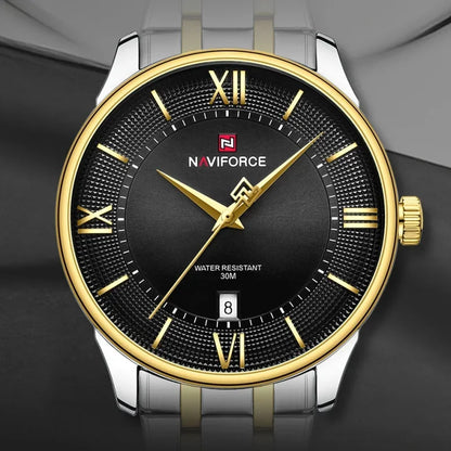 NAVIFORCE Nouvelle Montre à Quartz pour Homme avec Bracelet en Acier Inoxydable, Calendrier, Modèle Business Décontracté, Étanche et Antichoc