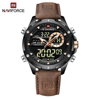 NAVIFORCE – Montres de mode pour homme, bracelet en cuir véritable, décontracté, militaire, étanche, chronographe numérique, mouvement à quartz, alarme