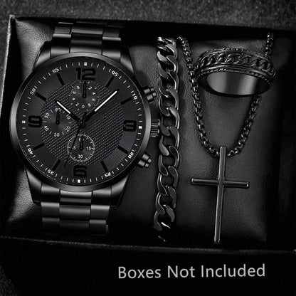 2/4PCS Men's Watch Set Business Trend Fashion Classic Three Eye Quartz Watch Bracelet Necklace Ring Set Perfect Gift