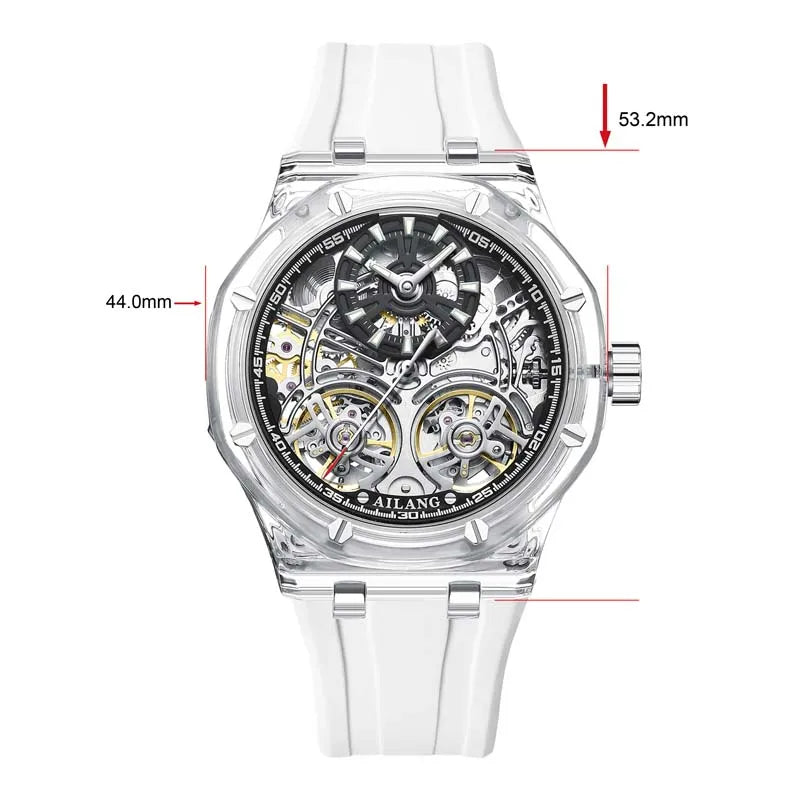 Double Tourbillon Design Luxury Men's Watch Yellow Transparent Case Rubber Fashion Style Leisure Automatic Mechanical Watch Men