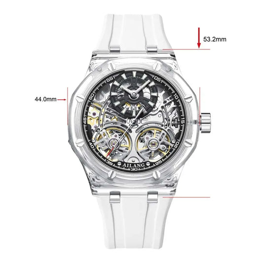 Double Tourbillon Design Luxury Men's Watch Yellow Transparent Case Rubber Fashion Style Leisure Automatic Mechanical Watch Men