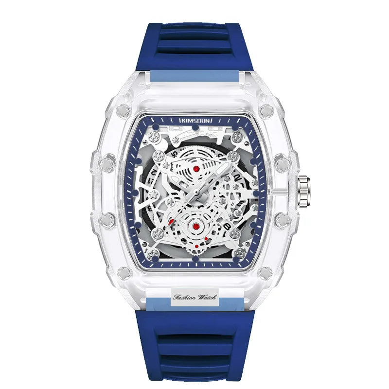 Montre Décontractée Tendance pour Homme Montre à Quartz pour Homme avec Cadran Lumineux, Fonction Calendrier, Bracelet en Silicone, Boîtier Transparent en Forme de Tonneau Reloj