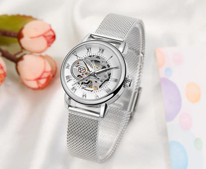 Forsining 099L Montre squelette élégante et tendance pour femmes, nouvelles montres-bracelets mécaniques de luxe en or rose pour dames