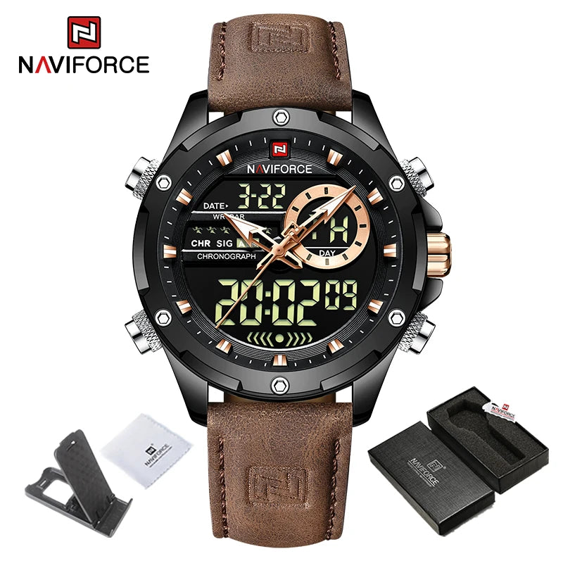 NAVIFORCE Marque Classique Homme Cuir Véritable Étanche Montre-Bracelet Sports Décontracté Mâle Quartz Numérique Militaire Chronographe Horloges