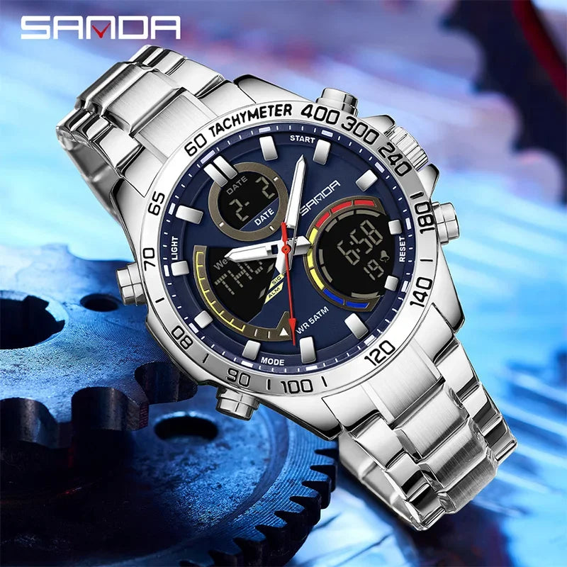 SANDA Dual Display Dual Movement Stainless Steel Watch