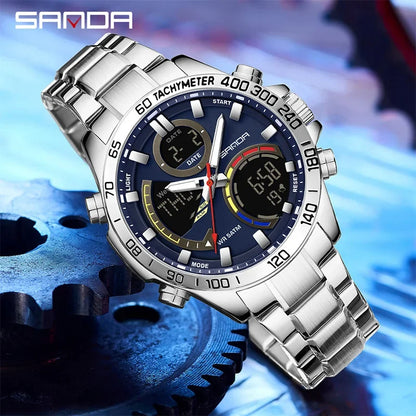 SANDA Dual Display Dual Movement Stainless Steel Watch