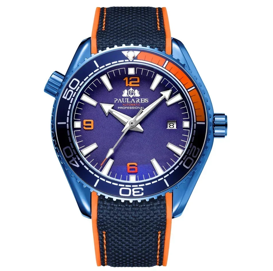 Automatic Mens Watch Mechanical Self Wind Movement Canvas Rubber Strap Orange Blue Red Luxury Fashion Watches