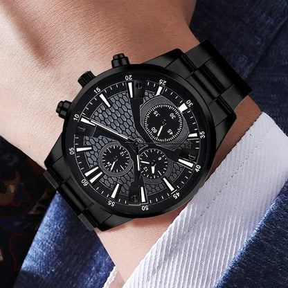 2/4PCS Black Men's Watch Set Business Trend Fashion Quartz Watch Jewelry Set Suitable for Daily Clothing Matching Perfect