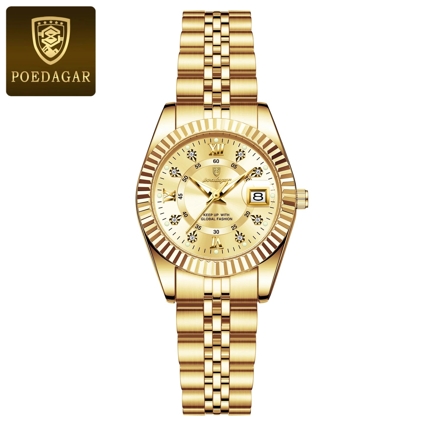 POEDAGAR Montre-bracelet de mode pour femmes Étanche Lumineuse Date Montres élégantes pour dames Montre à quartz en acier inoxydable pour femmes Reloj