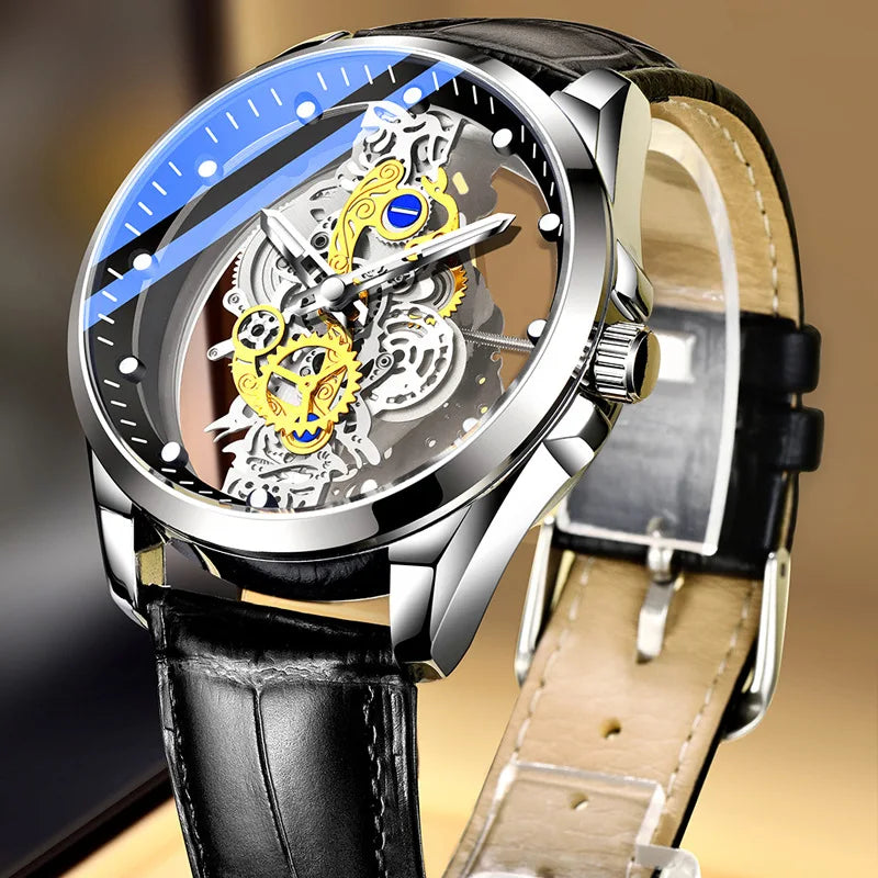 Montre transparente de mode en solde pour hommes, montres mécaniques d'imitation, cadran lumineux, bracelet en acier inoxydable, montres-bracelets à quartz pour hommes