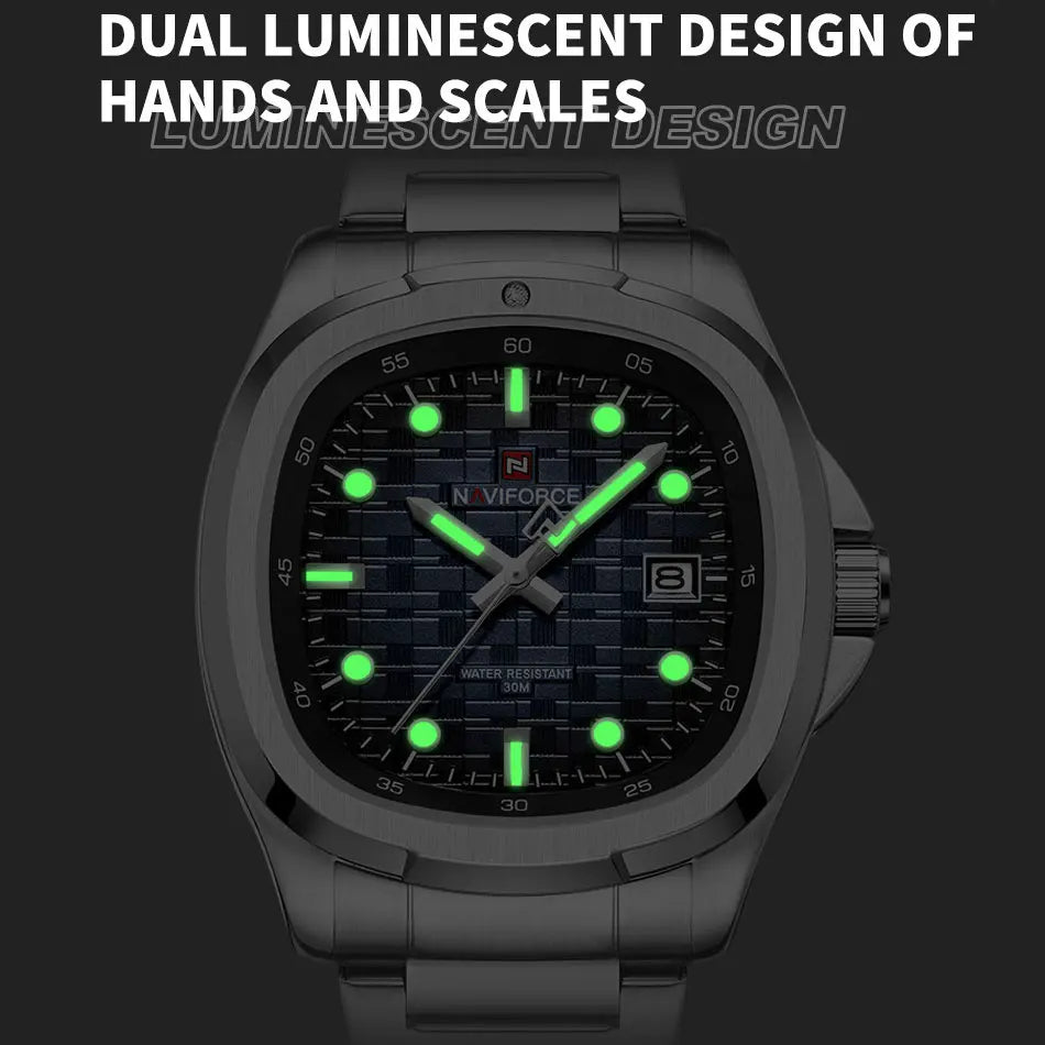 Montre-bracelet de sport NAVIFORCE pour hommes, à quartz, en acier inoxydable, lumineuse, avec calendrier, cadran carré, pour affaires