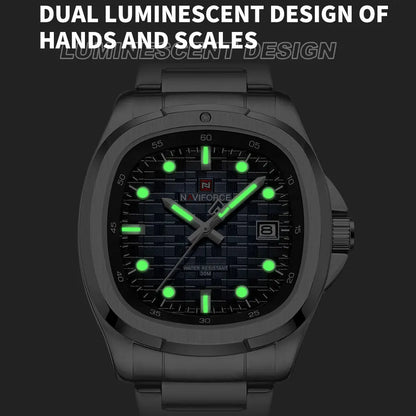 Montre-bracelet de sport NAVIFORCE pour hommes, à quartz, en acier inoxydable, lumineuse, avec calendrier, cadran carré, pour affaires